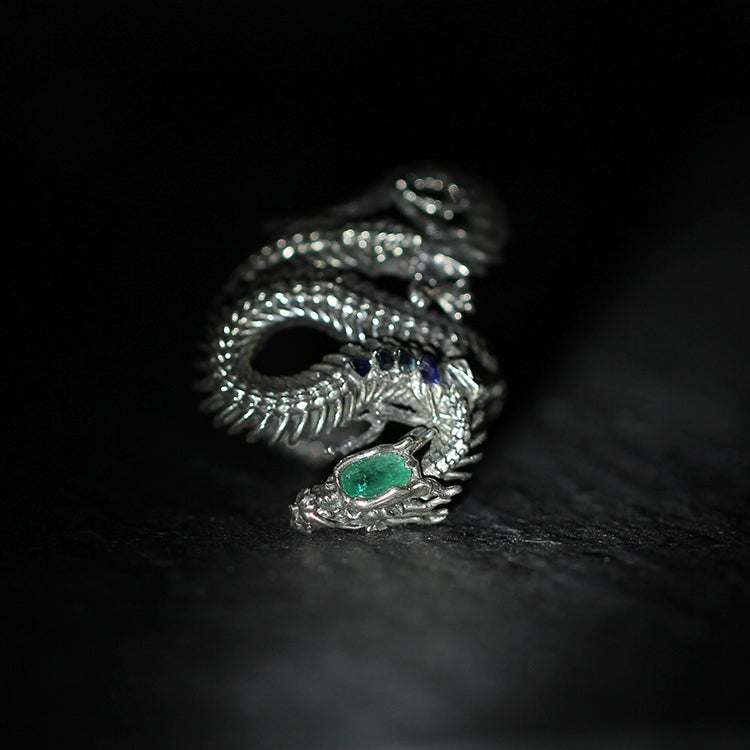 Emerald & Sapphire Embellished Dragon Skeleton Ring - Holy Buyble
