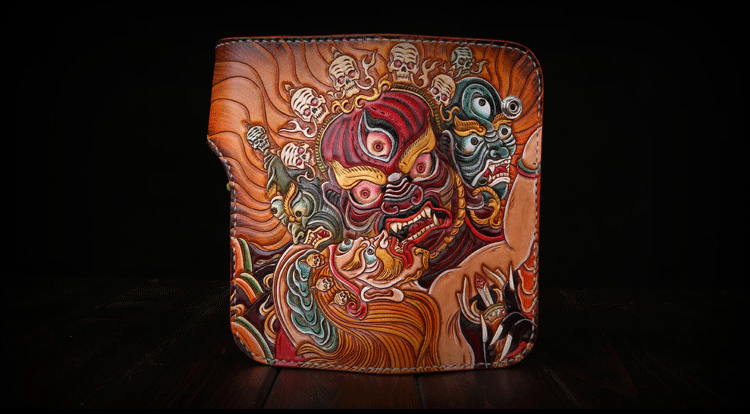 Premium Leather Mahākāla God of Fortune Hand Painted Wallet - Holy Buyble