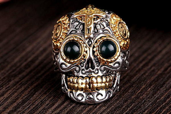 Mexican Sugar Skull Biker Ring with Blue Amber Eyes Holy Buyble