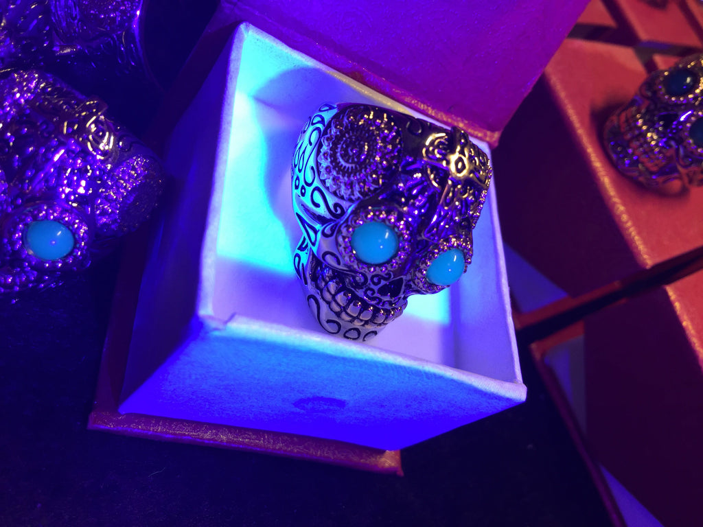 Mexican Sugar Skull Biker Ring with Blue Amber Eyes - Holy Buyble