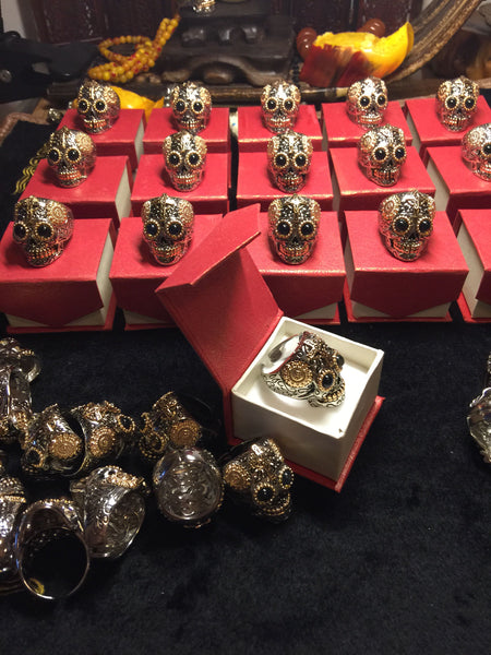 Mexican Sugar Skull Biker Ring with Blue Amber Eyes