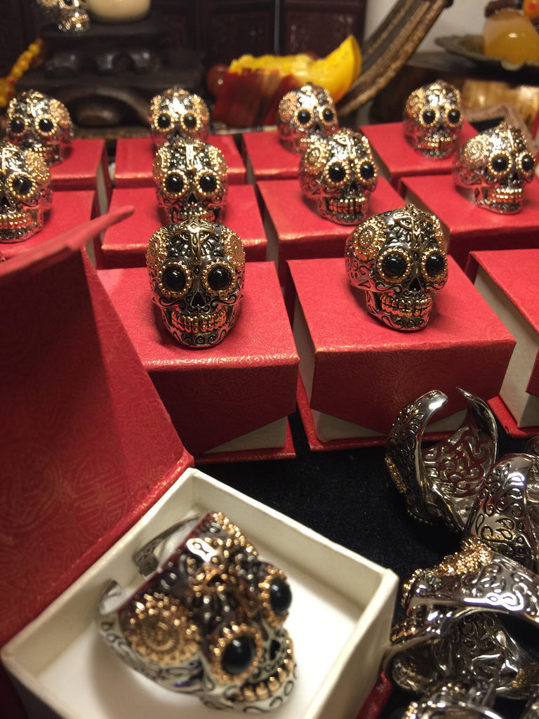 Mexican Sugar Skull Biker Ring with Blue Amber Eyes - Holy Buyble