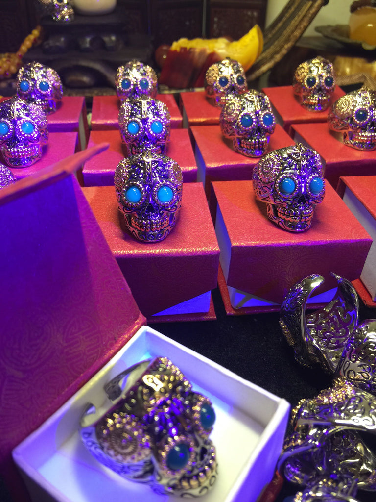 Mexican Sugar Skull Biker Ring with Blue Amber Eyes - Holy Buyble
