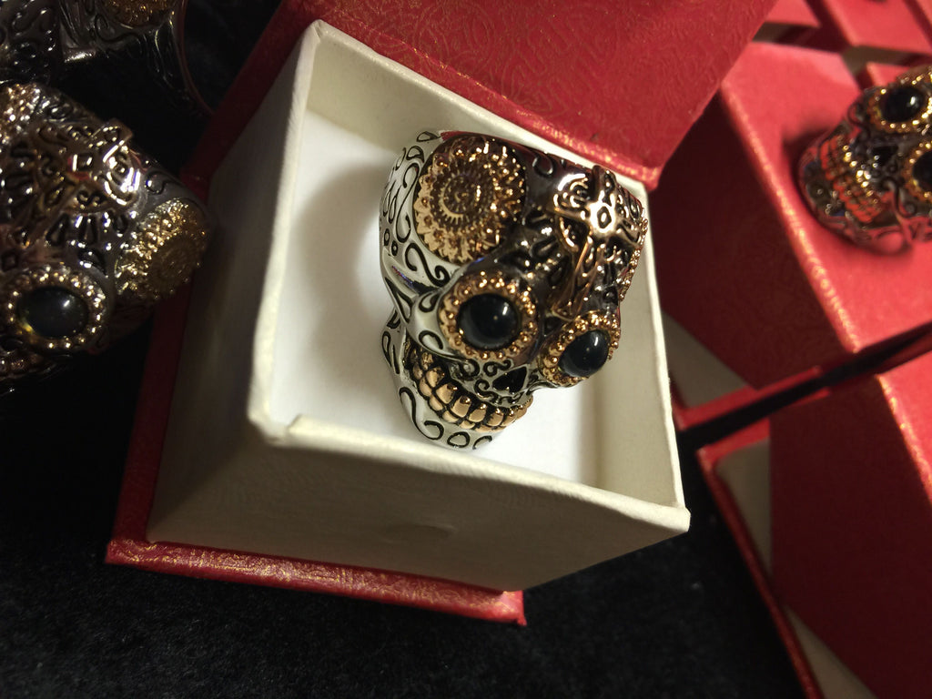 Mexican Sugar Skull Biker Ring with Blue Amber Eyes - Holy Buyble