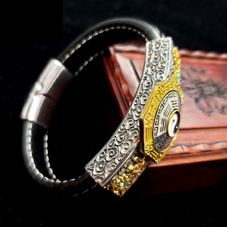 Four Symbols Spinning Yin Yang Wheel Leather Bracelet - Holy Buyble
