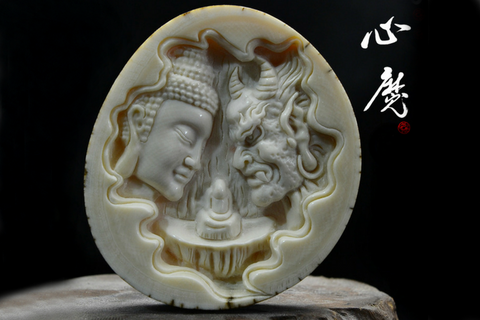 Mammoth Ivory Fossil Buddha & Dragon Guardians Pendant