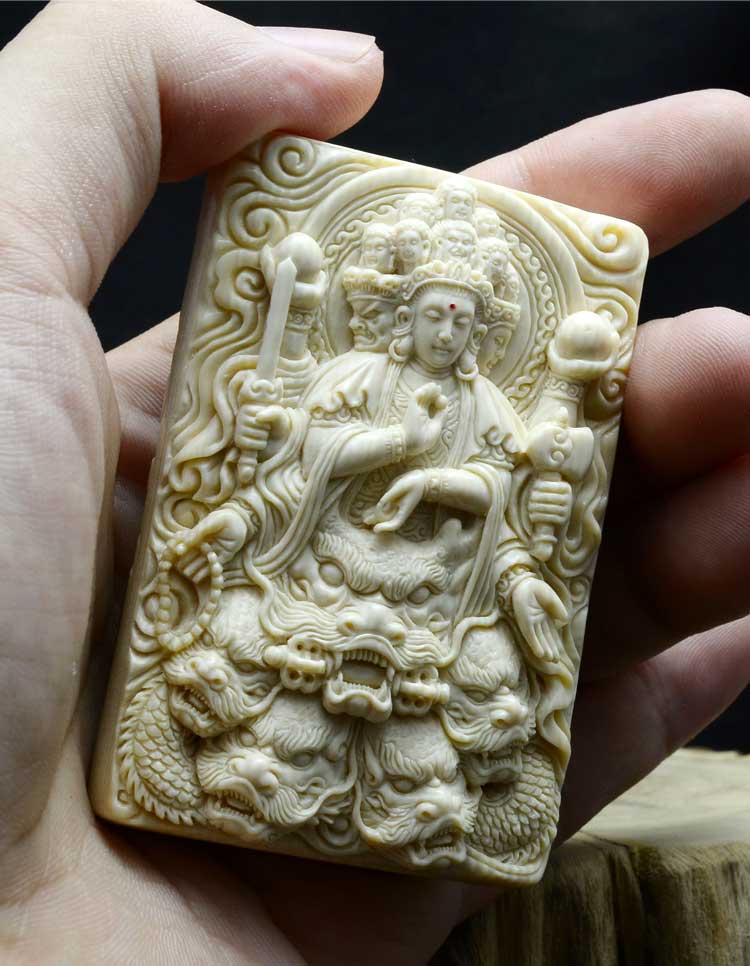 Mammoth Ivory Fossil Buddha & Dragon Guardians Pendant - Holy Buyble