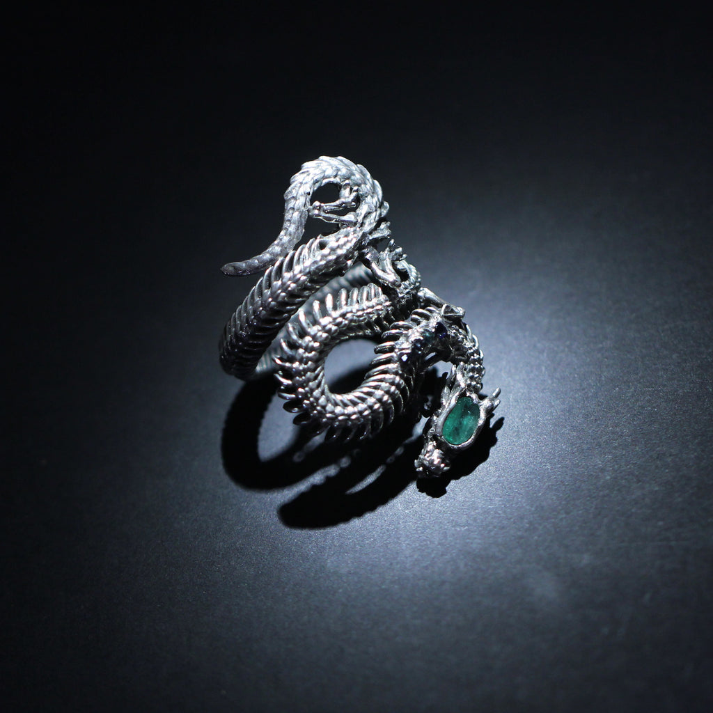 Emerald & Sapphire Embellished Dragon Skeleton Ring - Holy Buyble