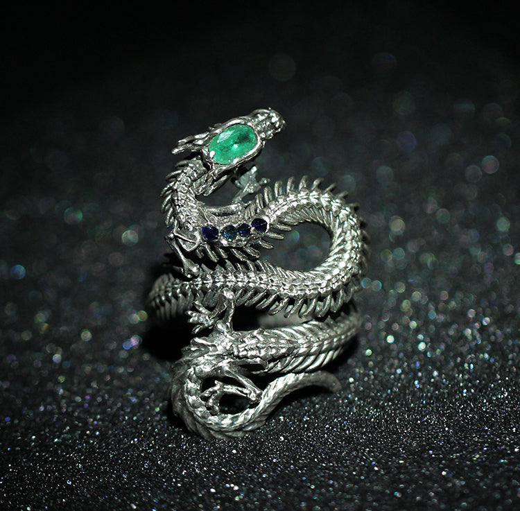 Emerald & Sapphire Embellished Dragon Skeleton Ring - Holy Buyble