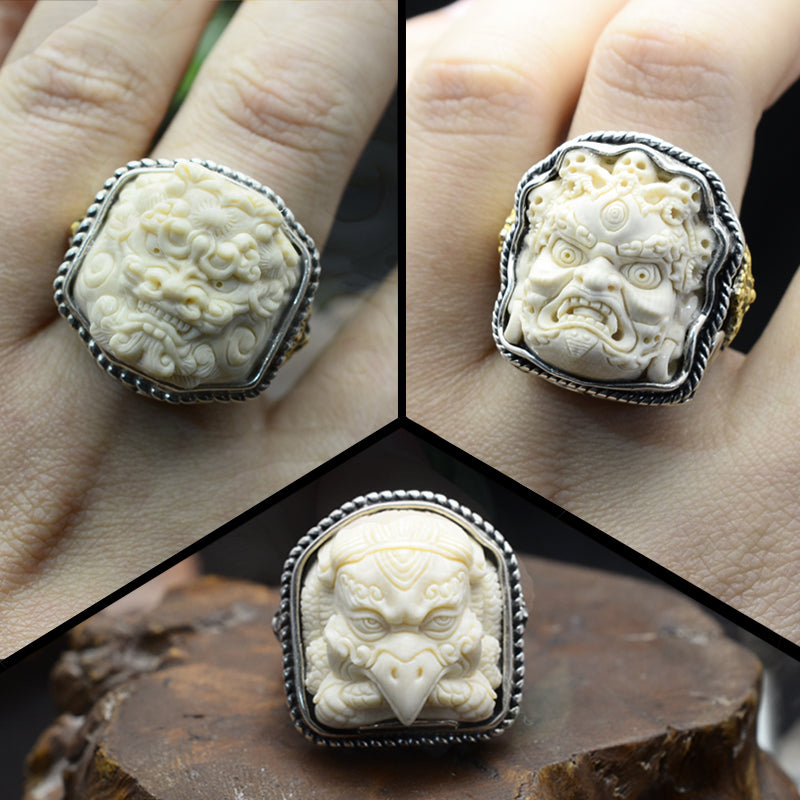 Mammoth Ivory Fossil Foo Dog Ring - Holy Buyble