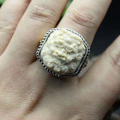 Mammoth Ivory Fossil Foo Dog Ring - Holy Buyble