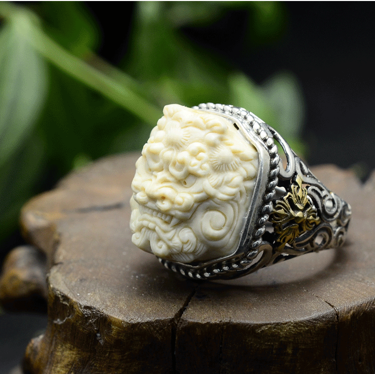 Mammoth Ivory Fossil Foo Dog Ring - Holy Buyble