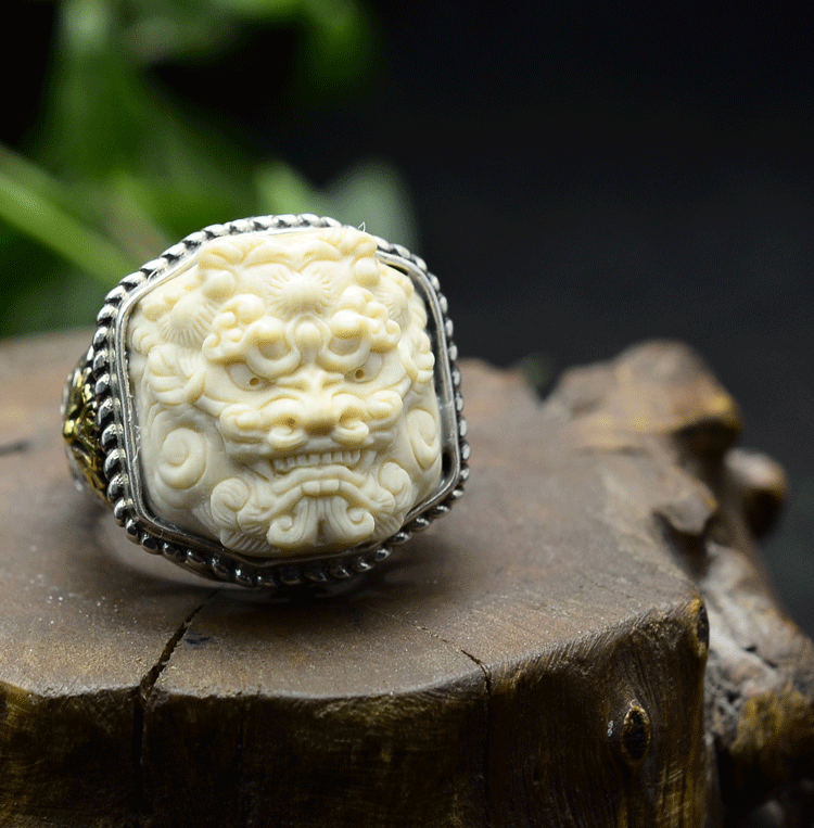 Mammoth Ivory Fossil Foo Dog Ring - Holy Buyble