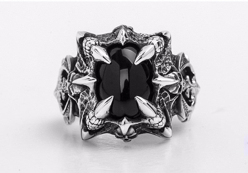 Claw & Skull Black Agate Silver Ring - Holy Buyble