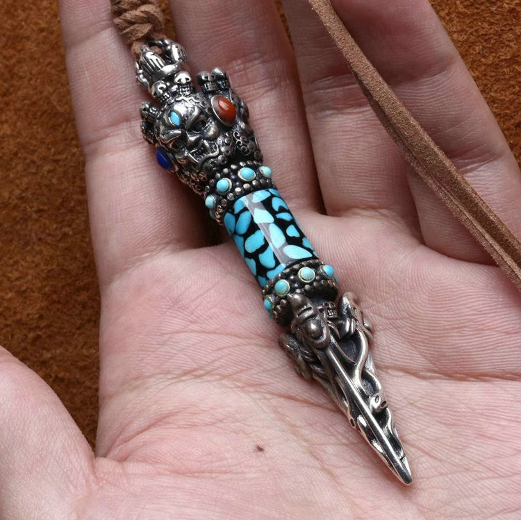 Mahākāla Dagger Gemstone Embellished Silver Pendant - Holy Buyble