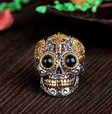 Mexican Sugar Skull Biker Ring with Blue Amber Eyes - Holy Buyble