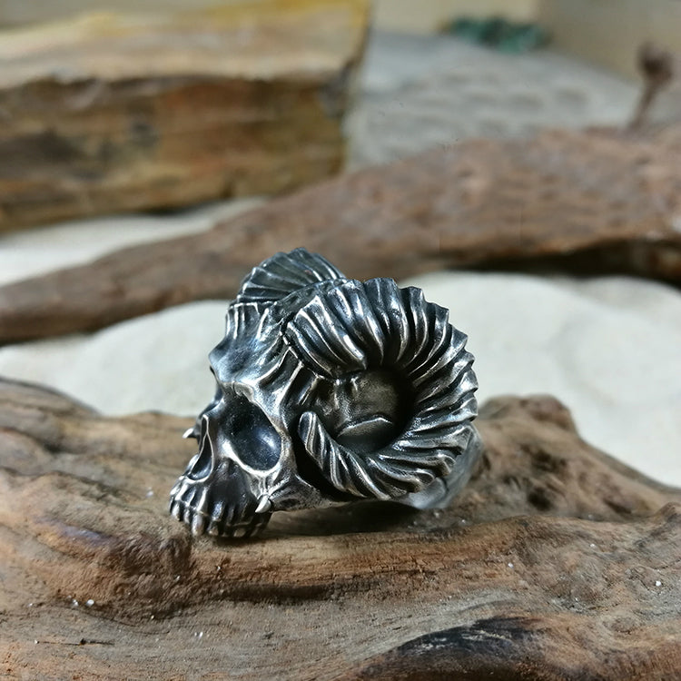 Horned Satan Skull Silver Ring - Holy Buyble