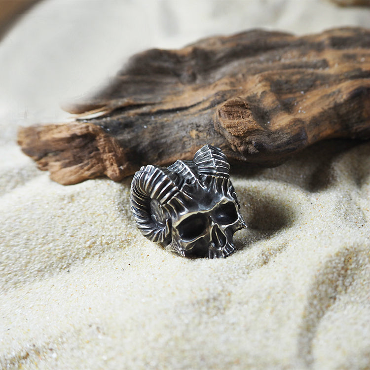 Horned Satan Skull Silver Ring - Holy Buyble