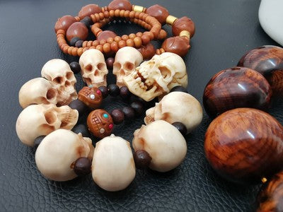 Golden skull beaded bracelet for men, Stainless steel, Wooden beaded  bracelet, Gift for him and her, Stretch bracelet for men and women