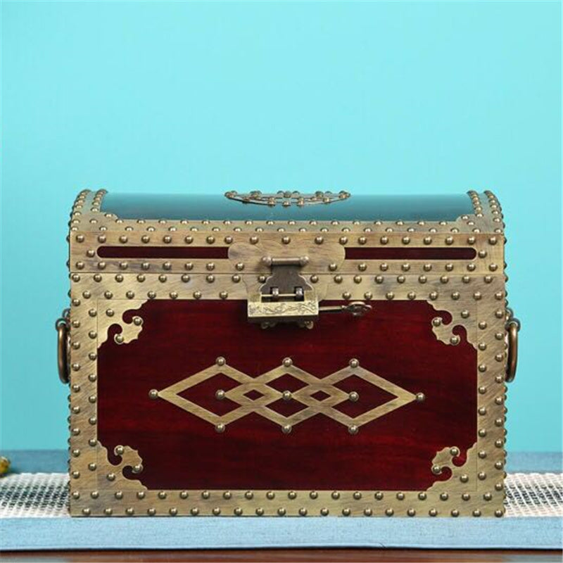 Beautiful Vintage Chinese Wooden Red Leather Bound Jewelry Box-Hardware!  Clean++