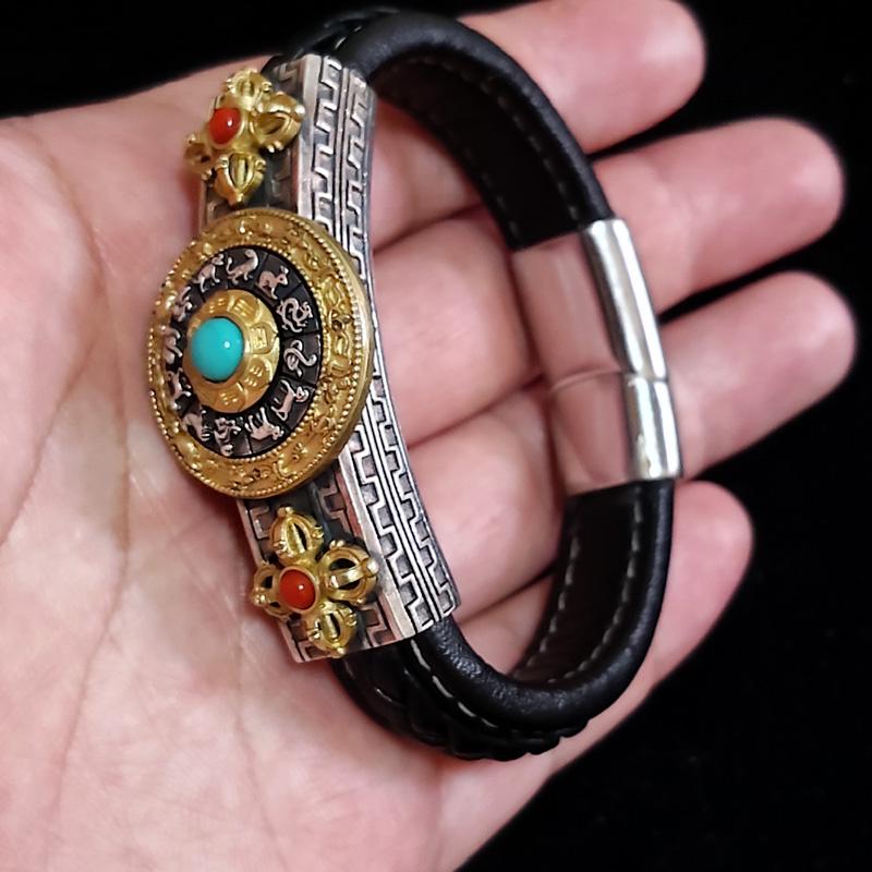 Tibetan Vajra & Spinning Eight Trigrams Leather Bracelet - Holy Buyble